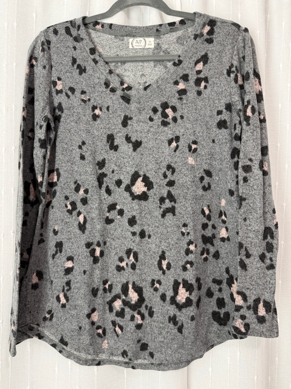 Maurices Grey Leopard Print V-Neck Top with Pink Accents